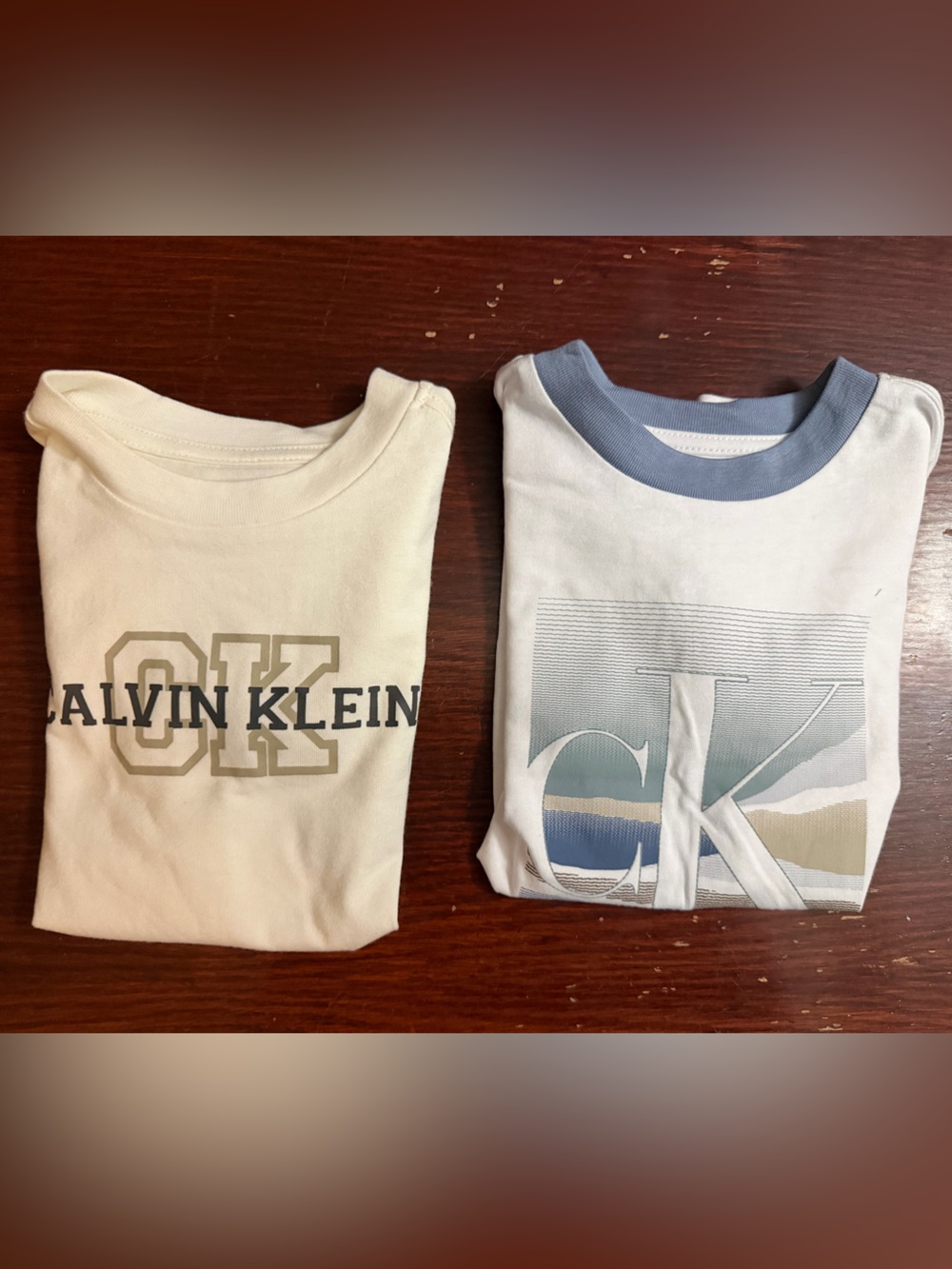 Calvin Klein White Tees with Light Blue & Cream Logo Accents